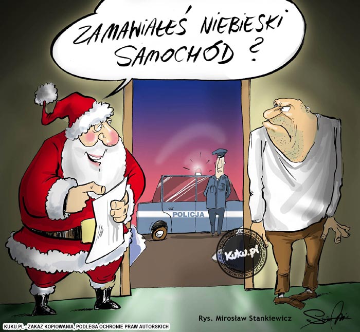 Komiks, dowcip, Żart o Åšw. MikoÅ‚aj i niebieski samoch&oacute;d