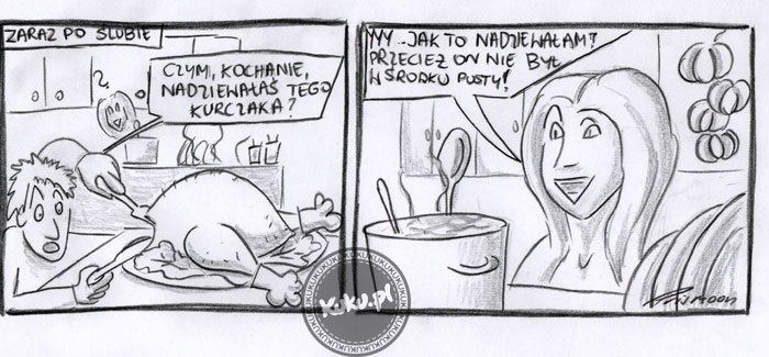 Komiks, dowcip, Żart o Nadziewany kurczak i pierwszy obiad po Å›lubie